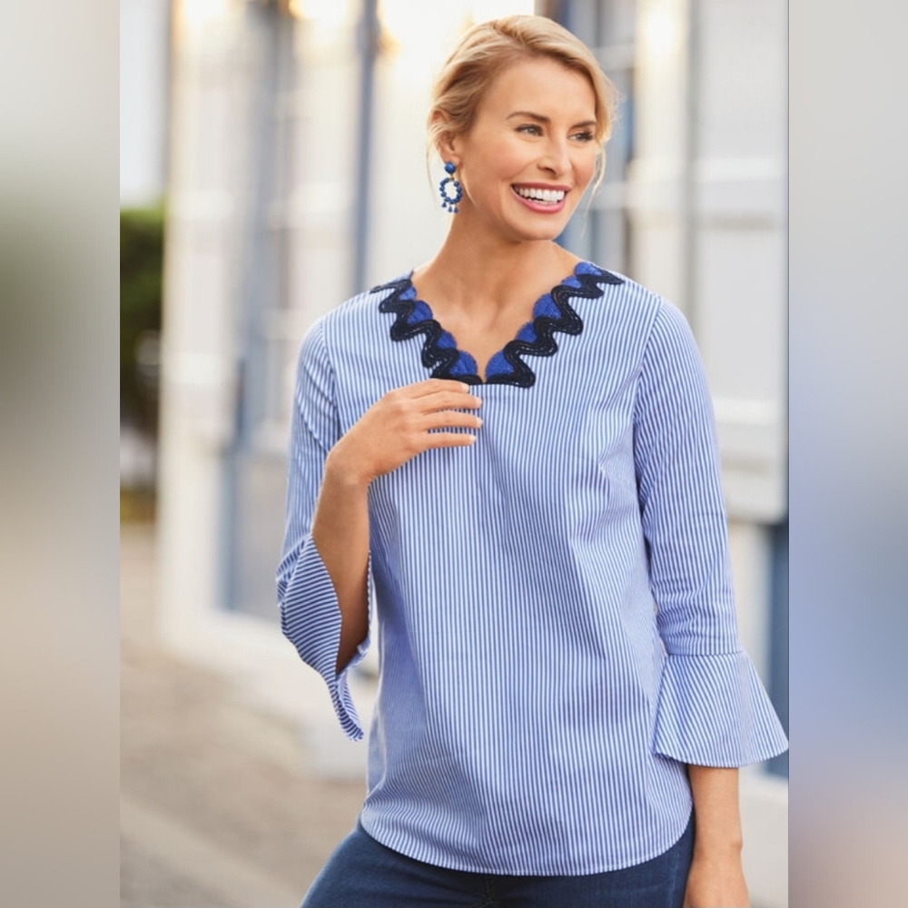 Talbots Rickrack-Trim Top, Blue/White Stripped - Size XS